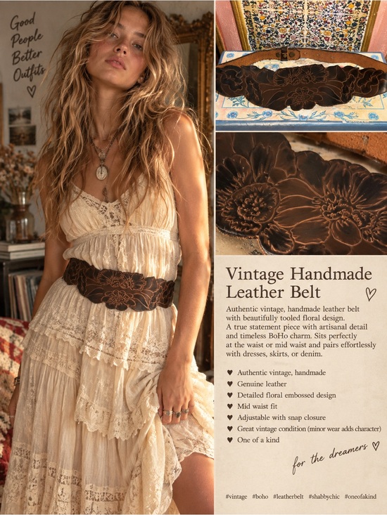 Accessories - Vintage Handmade Floral Leather Waist Belt - Brown